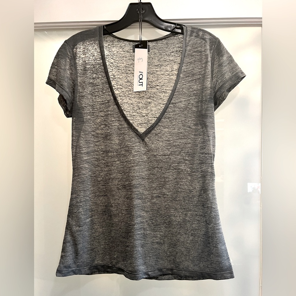 Women's OUT Grey Sheer Athletic V-Neck Sz. M *EUC* MSRP: $110+tax
